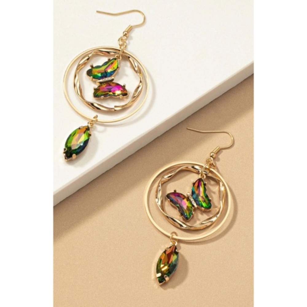 Gold Double hoop AB color stone butterfly fashion earrings